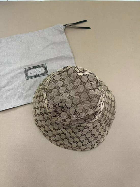 Gucci GG Monogram Bucket Hat Wide Large Brim Beige Stiff Canvas Sun Coverage main image 5